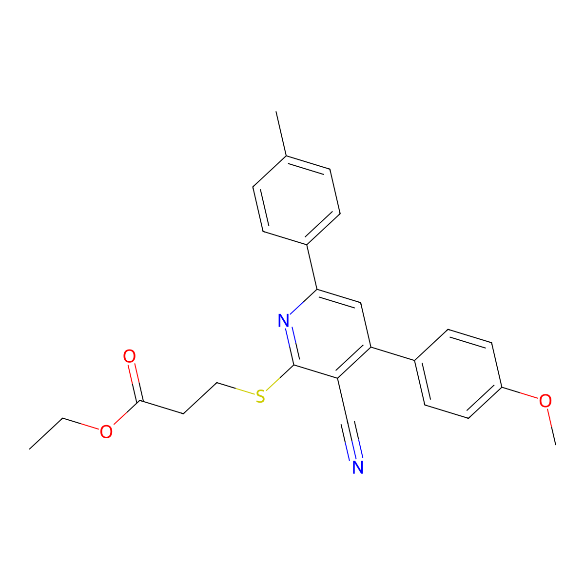 Ethyl 3-((3-cyano-4-(4-methoxyphenyl)-6-(p-tolyl)pyridin-2-yl)thio)propanoate molecular structure, CAS 332100-37-5