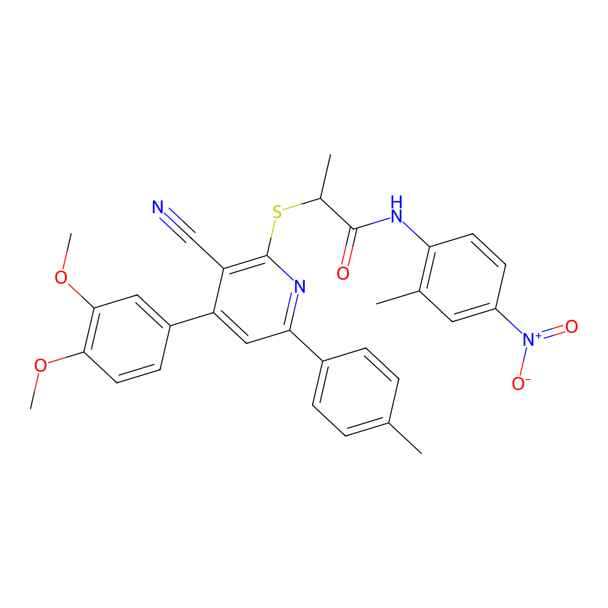 2-((3-Cyano-4-(3,4-dimethoxyphenyl)-6-(p-tolyl)pyridin-2-yl)thio)-N-(2-methyl-4-nitrophenyl)propanamide molecular structure, CAS 332100-42-2