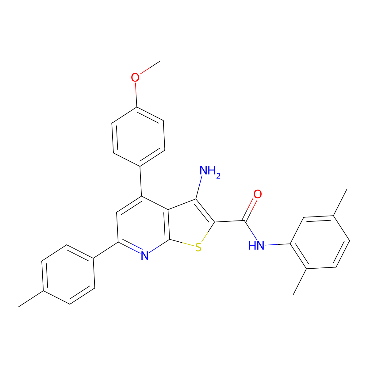 3-Amino-N-(2,5-dimethylphenyl)-4-(4-methoxyphenyl)-6-(p-tolyl)thieno[2,3-b]pyridine-2-carboxamide molecular structure, CAS 332100-50-2