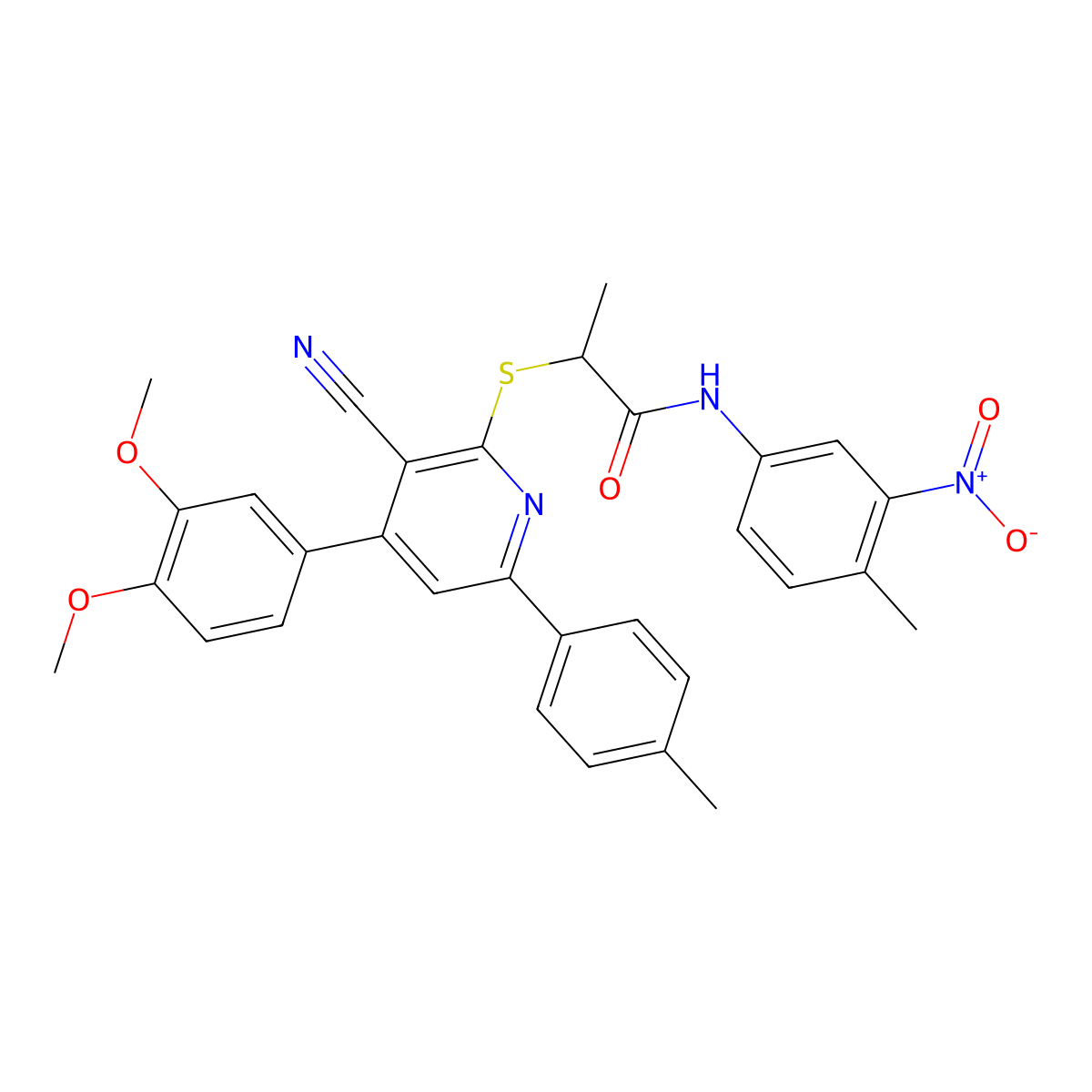 2-((3-Cyano-4-(3,4-dimethoxyphenyl)-6-(p-tolyl)pyridin-2-yl)thio)-N-(4-methyl-3-nitrophenyl)propanamide molecular structure, CAS 332100-62-6