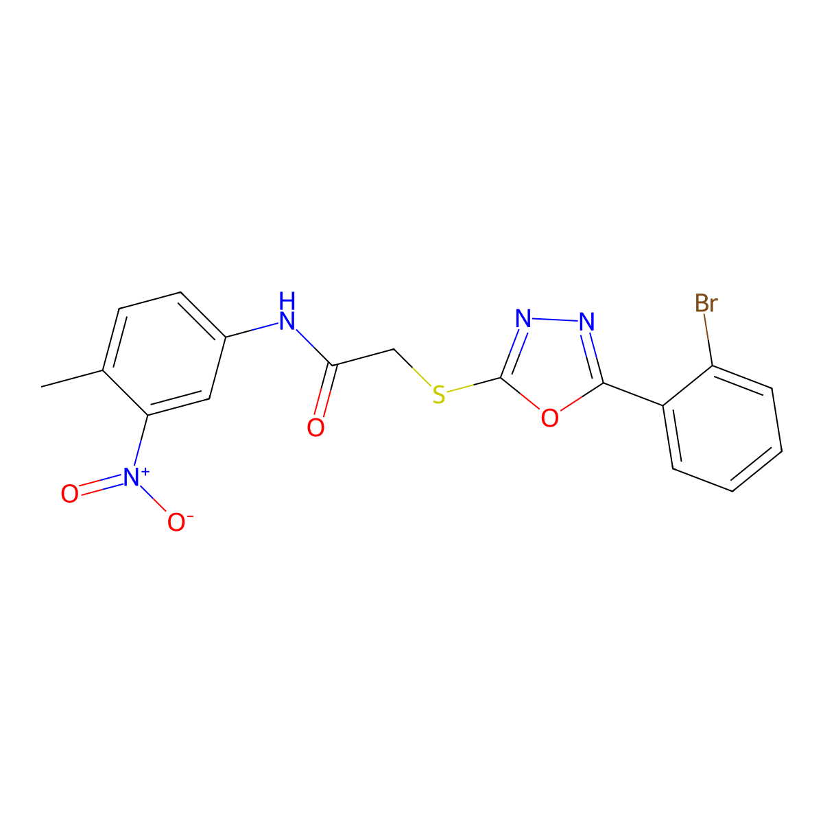 2-((5-(2-Bromophenyl)-1,3,4-oxadiazol-2-yl)thio)-N-(4-methyl-3-nitrophenyl)acetamide molecular structure, CAS 332100-70-6