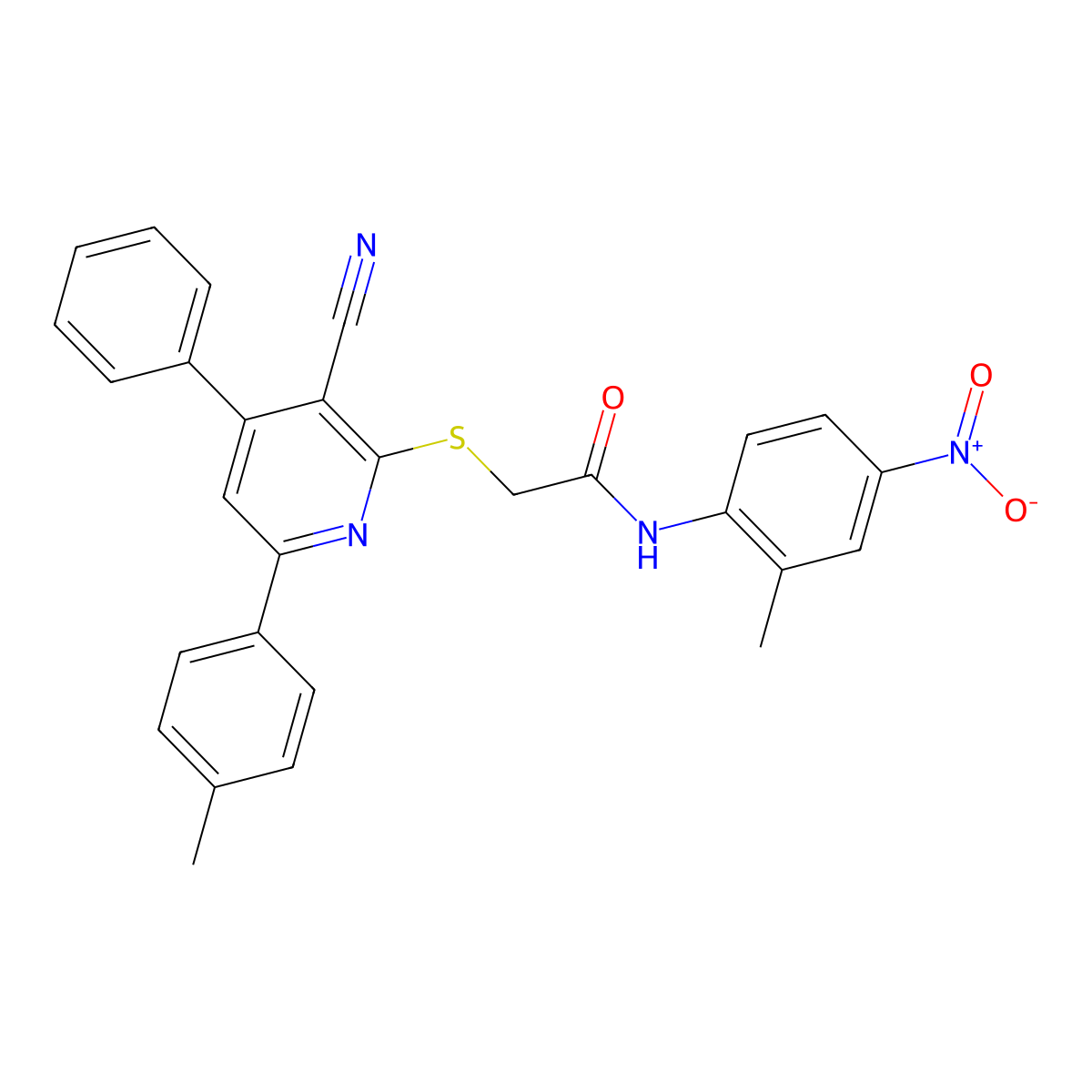2-((3-Cyano-4-phenyl-6-(p-tolyl)pyridin-2-yl)thio)-N-(2-methyl-4-nitrophenyl)acetamide molecular structure, CAS 332100-71-7