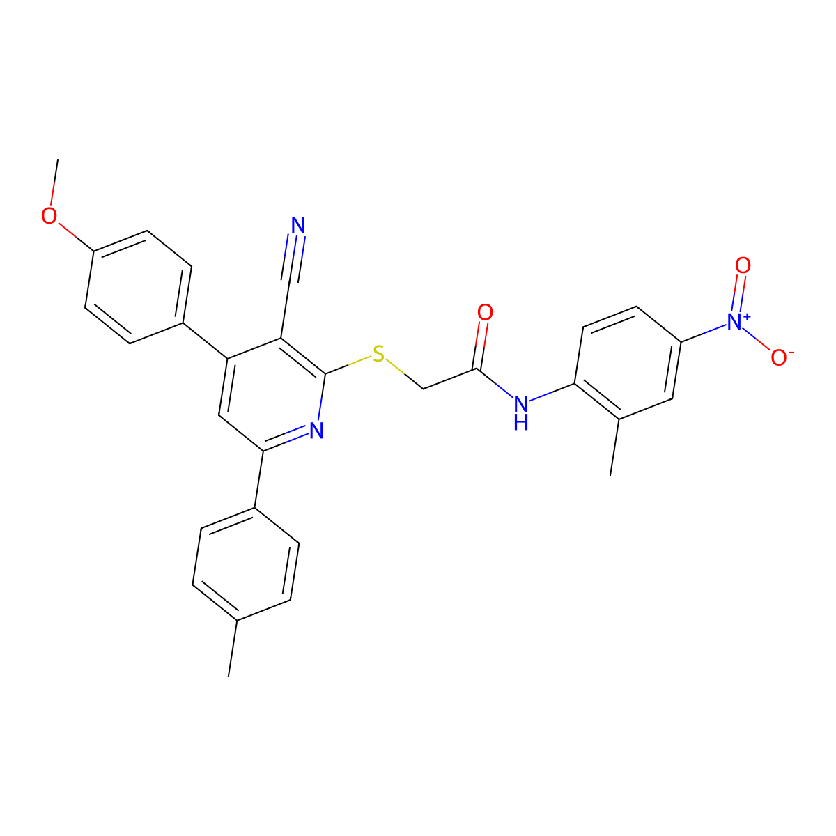 2-((3-Cyano-4-(4-methoxyphenyl)-6-(p-tolyl)pyridin-2-yl)thio)-N-(2-methyl-4-nitrophenyl)acetamide molecular structure, CAS 332100-73-9