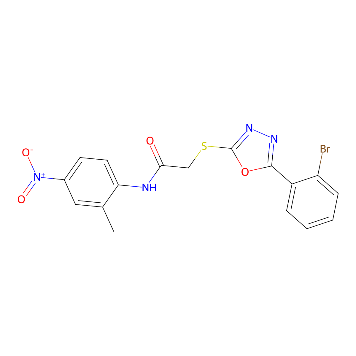 2-((5-(2-Bromophenyl)-1,3,4-oxadiazol-2-yl)thio)-N-(2-methyl-4-nitrophenyl)acetamide molecular structure, CAS 332100-78-4