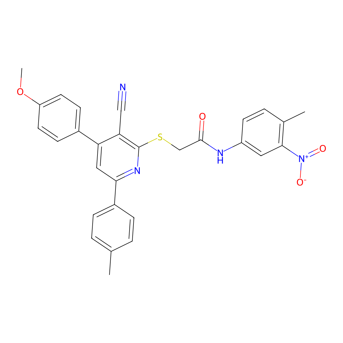 2-((3-Cyano-4-(4-methoxyphenyl)-6-(p-tolyl)pyridin-2-yl)thio)-N-(4-methyl-3-nitrophenyl)acetamide molecular structure, CAS 332100-80-8
