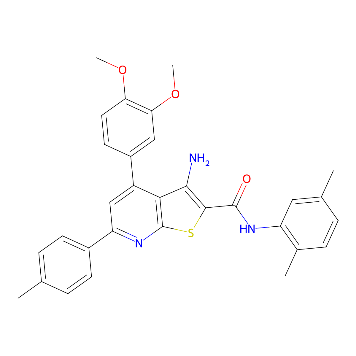 3-Amino-4-(3,4-dimethoxyphenyl)-N-(2,5-dimethylphenyl)-6-(p-tolyl)thieno[2,3-b]pyridine-2-carboxamide molecular structure, CAS 332100-81-9