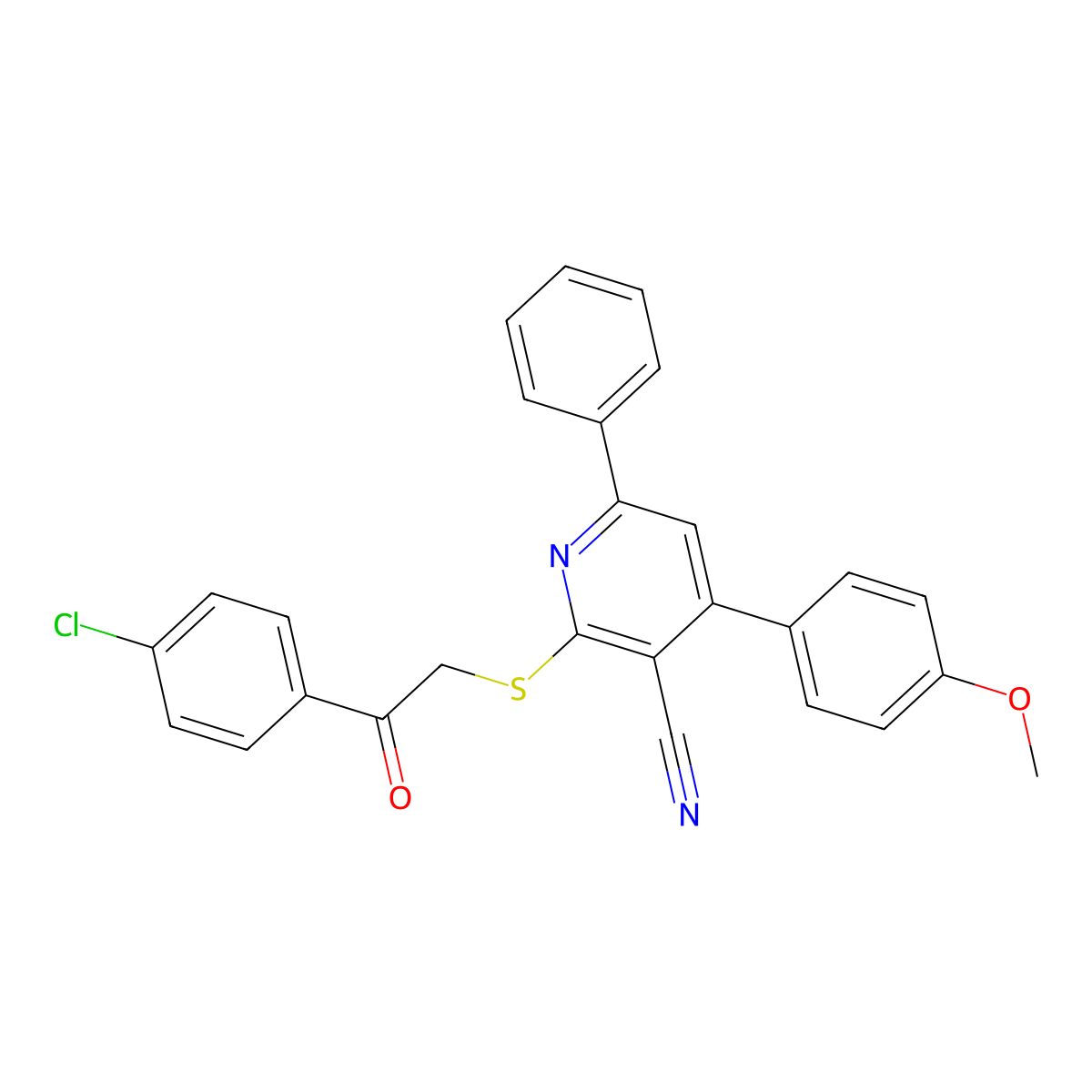 2-((2-(4-Chlorophenyl)-2-oxoethyl)thio)-4-(4-methoxyphenyl)-6-phenylnicotinonitrile molecular structure, CAS 332100-84-2