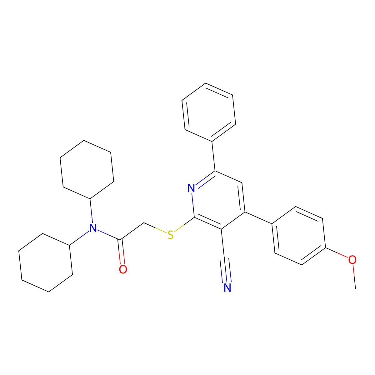 2-((3-Cyano-4-(4-methoxyphenyl)-6-phenylpyridin-2-yl)thio)-N,N-dicyclohexylacetamide molecular structure, CAS 332101-03-8