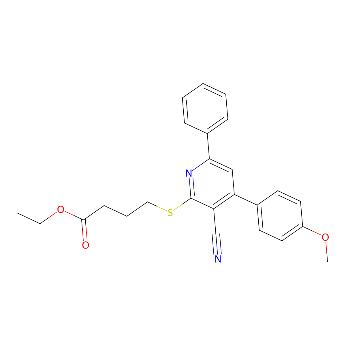 Ethyl 4-((3-cyano-4-(4-methoxyphenyl)-6-phenylpyridin-2-yl)thio)butanoate molecular structure, CAS 332101-06-1