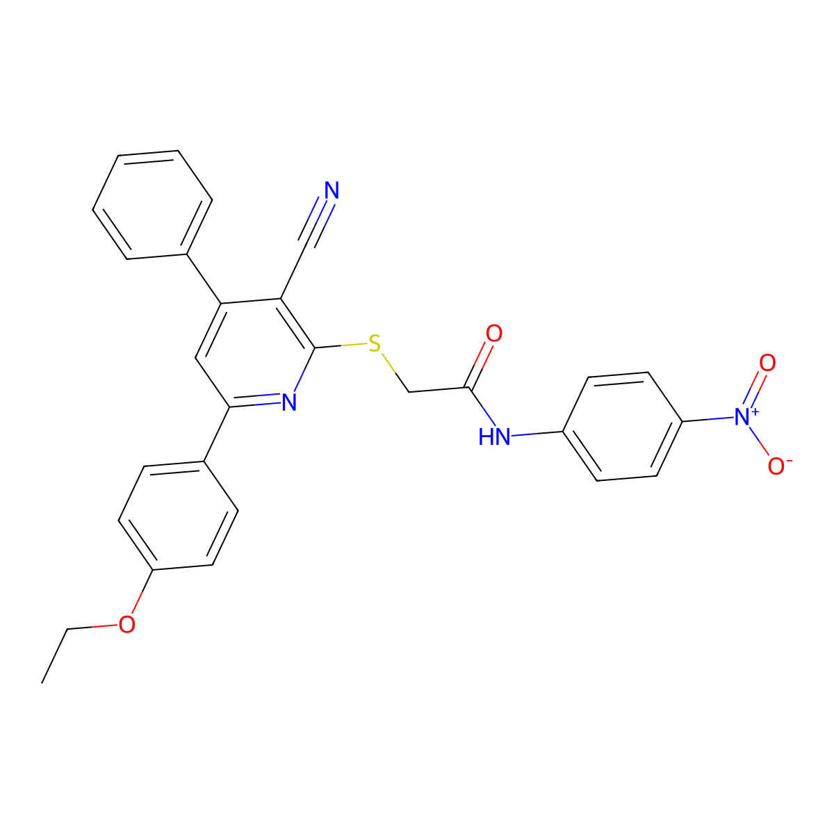2-((3-Cyano-6-(4-ethoxyphenyl)-4-phenylpyridin-2-yl)thio)-N-(4-nitrophenyl)acetamide molecular structure, CAS 332101-08-3