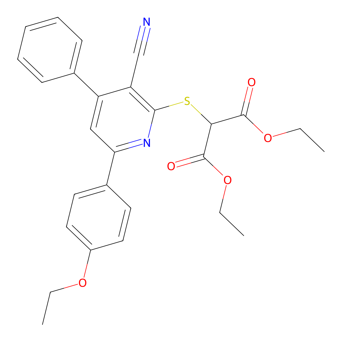 Diethyl 2-((3-cyano-6-(4-ethoxyphenyl)-4-phenylpyridin-2-yl)thio)malonate molecular structure, CAS 332101-12-9