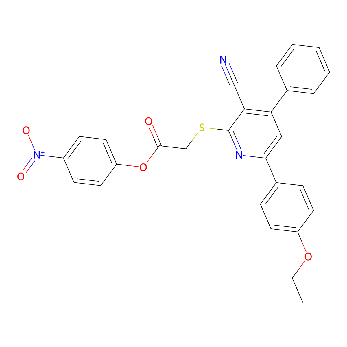 4-Nitrophenyl 2-((3-cyano-6-(4-ethoxyphenyl)-4-phenylpyridin-2-yl)thio)acetate molecular structure, CAS 332101-15-2