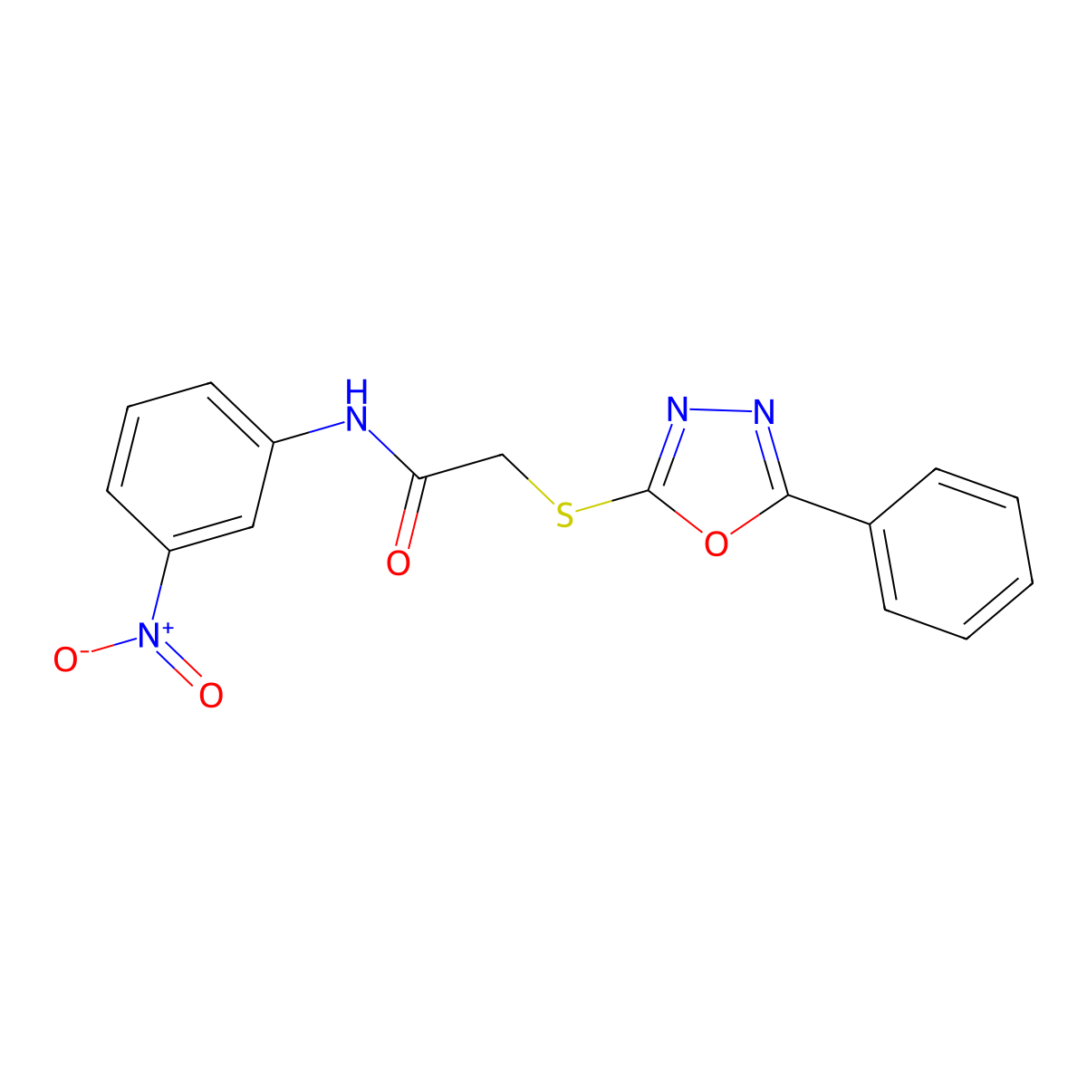 N-(3-Nitrophenyl)-2-((5-phenyl-1,3,4-oxadiazol-2-yl)thio)acetamide molecular structure, CAS 332101-18-5