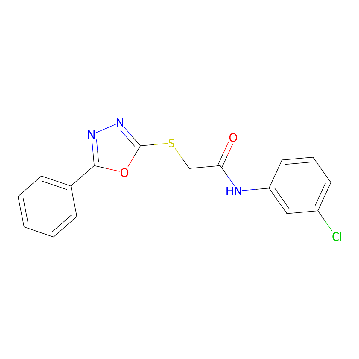 N-(3-Chlorophenyl)-2-((5-phenyl-1,3,4-oxadiazol-2-yl)thio)acetamide molecular structure, CAS 332101-20-9