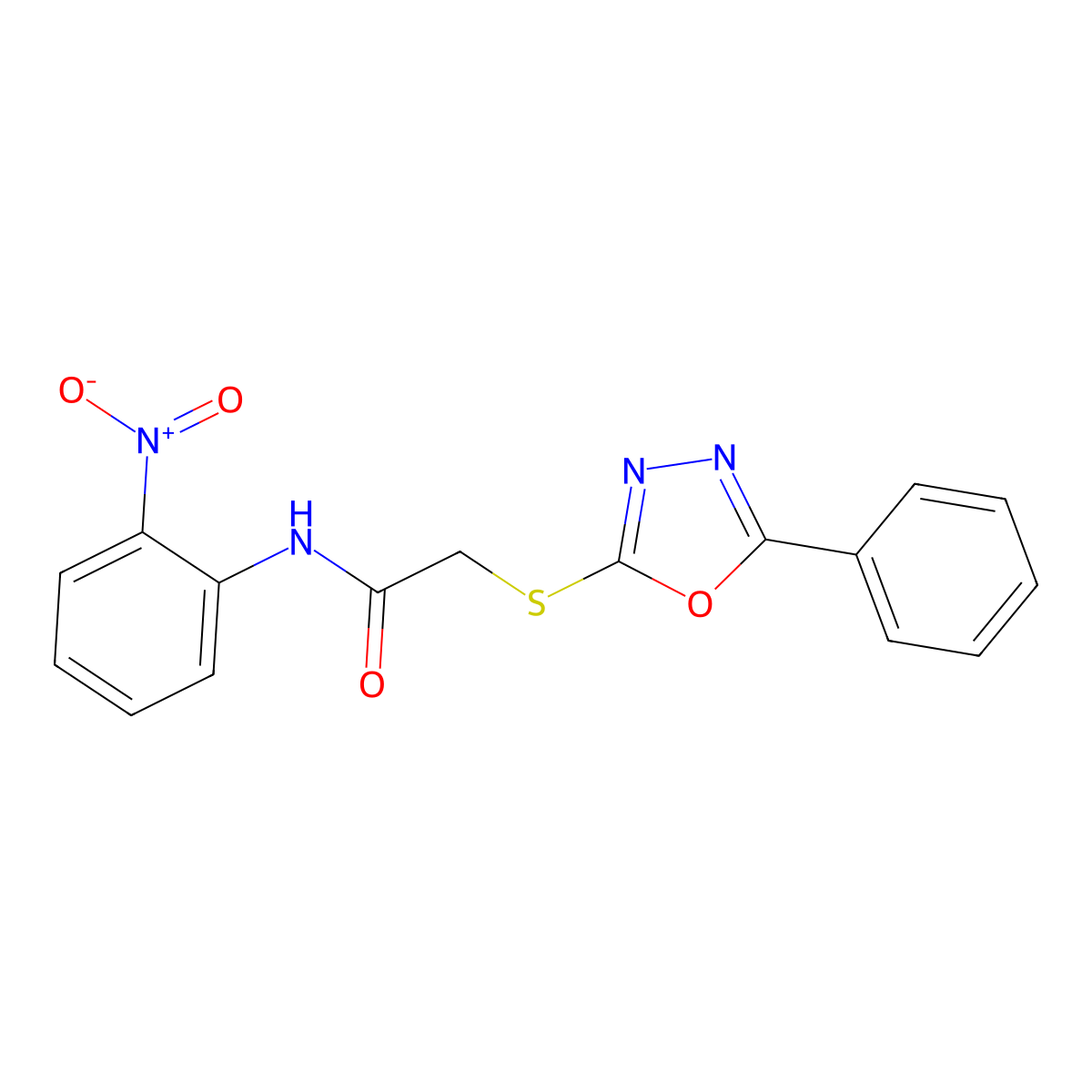 N-(2-Nitrophenyl)-2-((5-phenyl-1,3,4-oxadiazol-2-yl)thio)acetamide molecular structure, CAS 332101-22-1