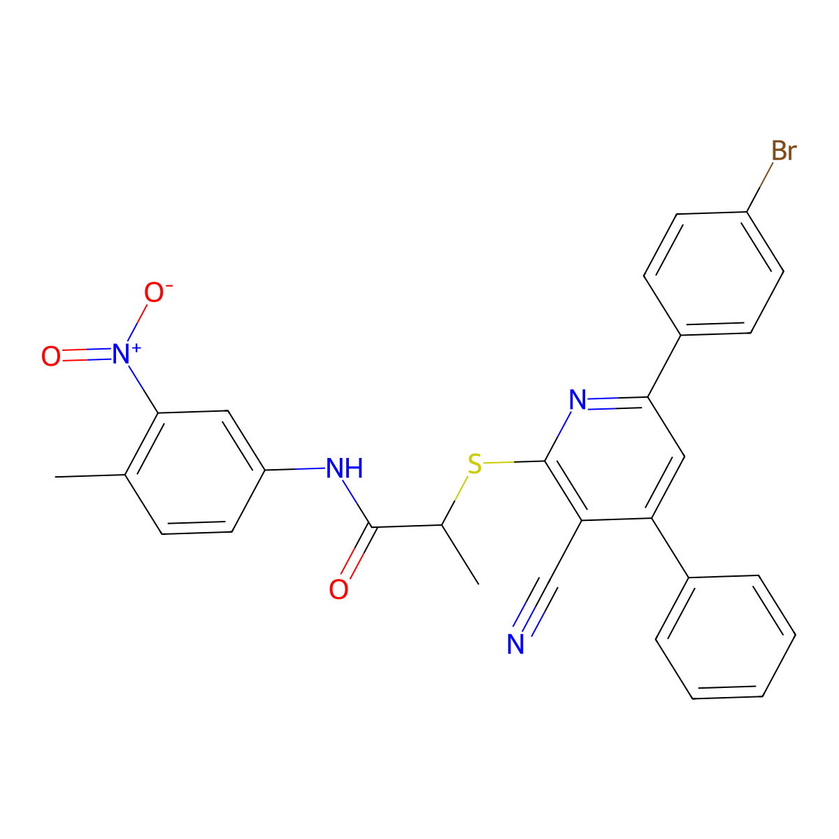 2-((6-(4-Bromophenyl)-3-cyano-4-phenylpyridin-2-yl)thio)-N-(4-methyl-3-nitrophenyl)propanamide molecular structure, CAS 332101-35-6