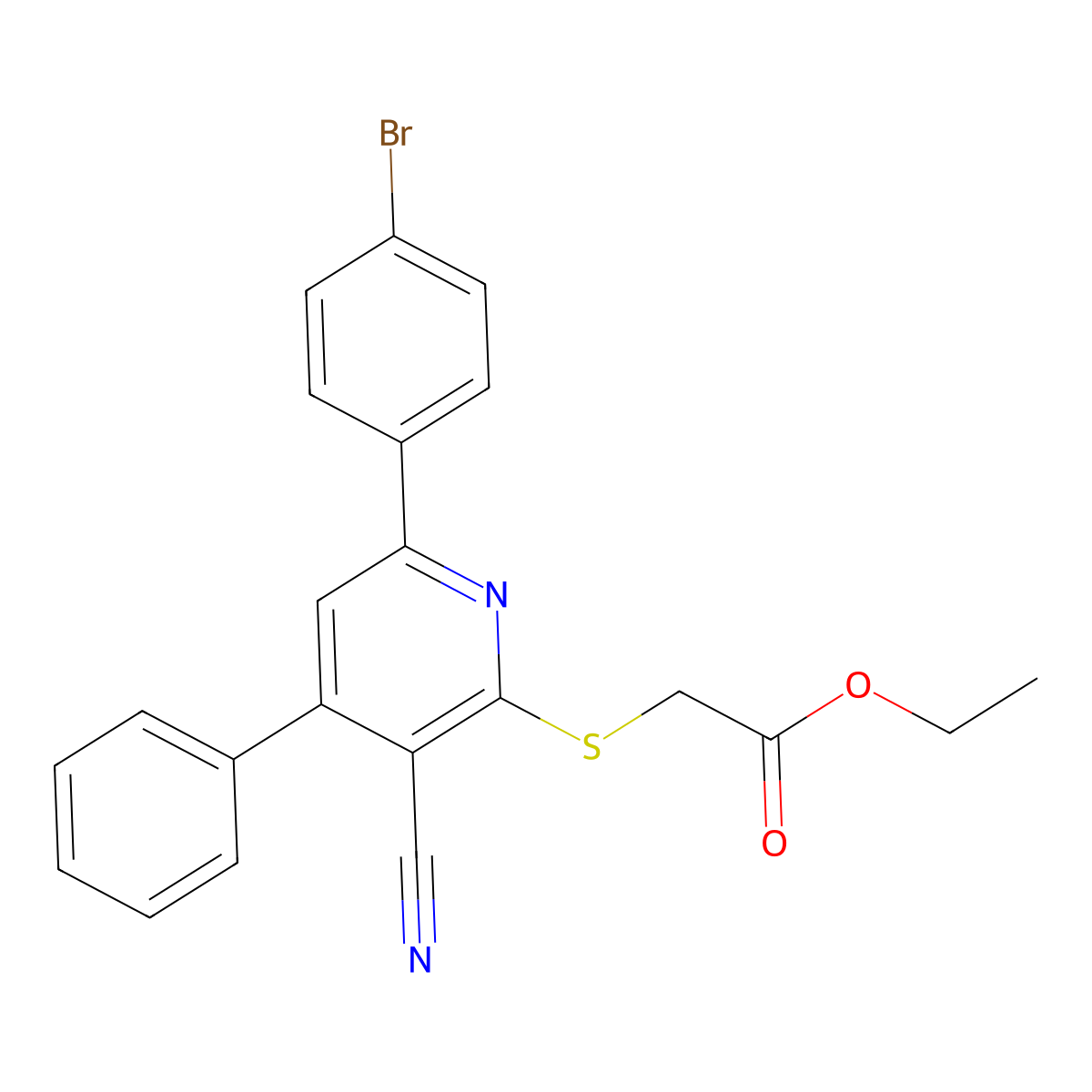 Ethyl 2-((6-(4-bromophenyl)-3-cyano-4-phenylpyridin-2-yl)thio)acetate molecular structure, CAS 332101-51-6