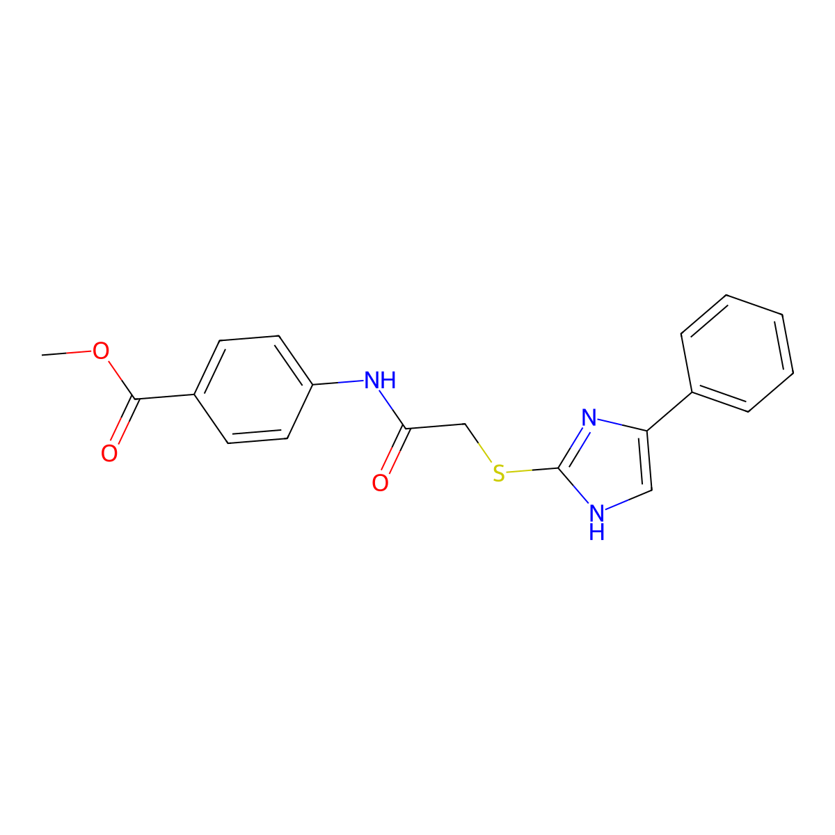 Methyl 4-(2-((4-phenyl-1H-imidazol-2-yl)thio)acetamido)benzoate molecular structure, CAS 332101-63-0