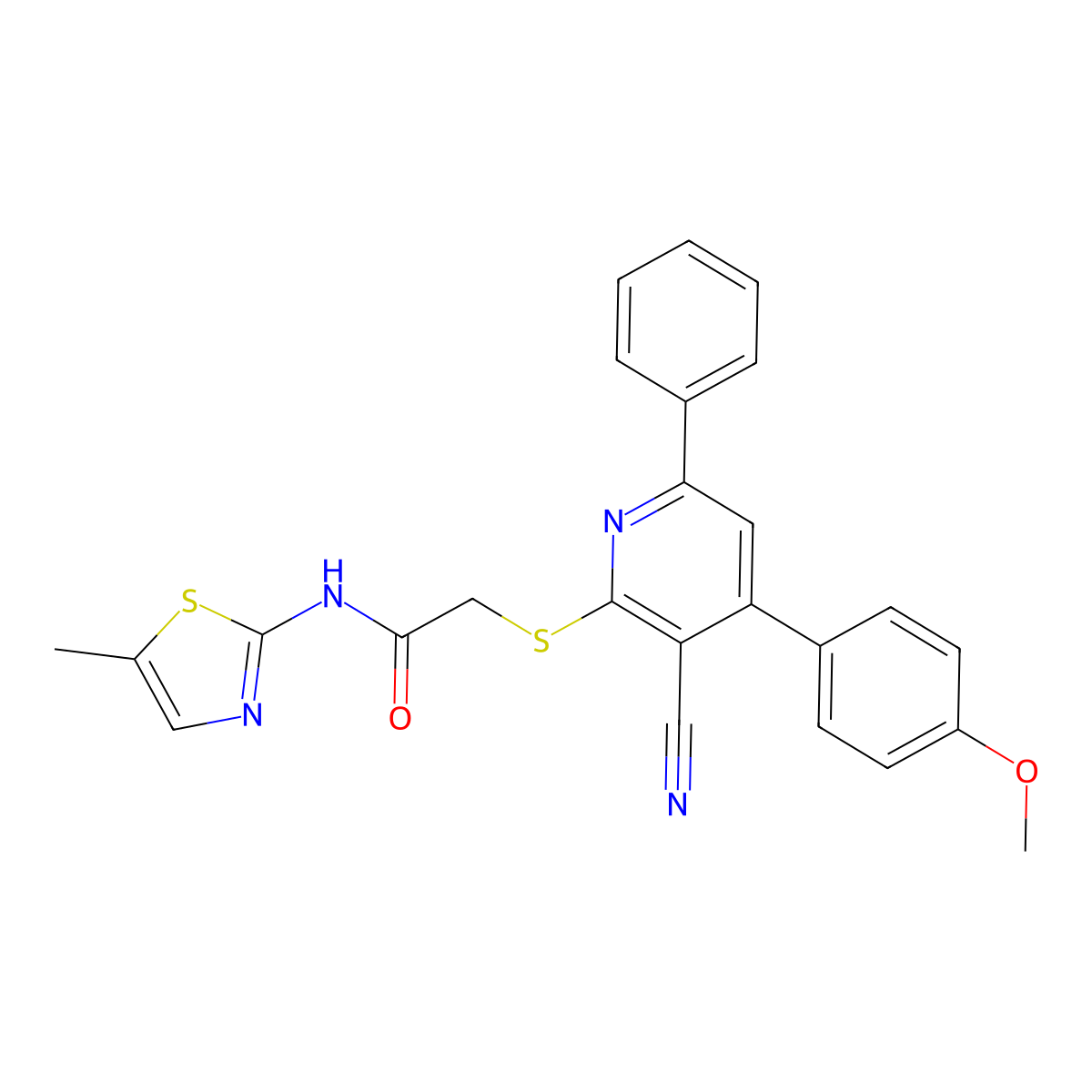 2-((3-Cyano-4-(4-methoxyphenyl)-6-phenylpyridin-2-yl)thio)-N-(5-methylthiazol-2-yl)acetamide molecular structure, CAS 332101-70-9