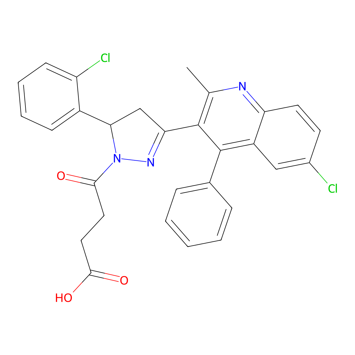 4-(3-(6-chloro-2-methyl-4-phenylquinolin-3-yl)-5-(2-chlorophenyl)-4,5-dihydro-1H-pyrazol-1-yl)-4-oxobutanoic acid molecular structure, CAS 332102-12-2