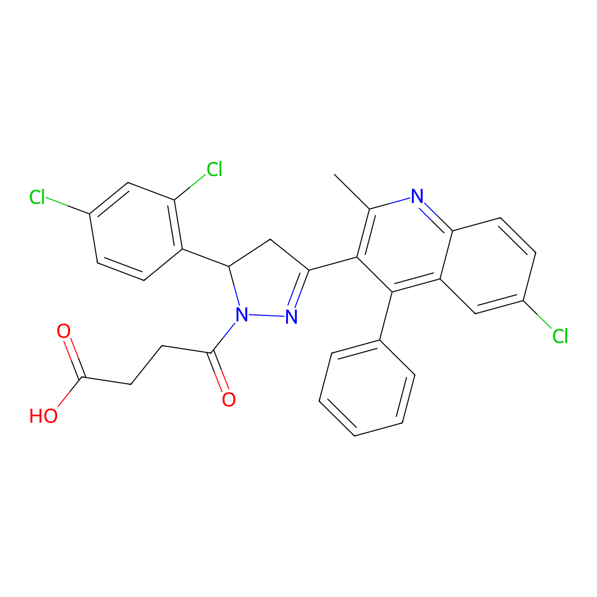 4-(3-(6-chloro-2-methyl-4-phenylquinolin-3-yl)-5-(2,4-dichlorophenyl)-4,5-dihydro-1H-pyrazol-1-yl)-4-oxobutanoic acid molecular structure, CAS 332102-13-3