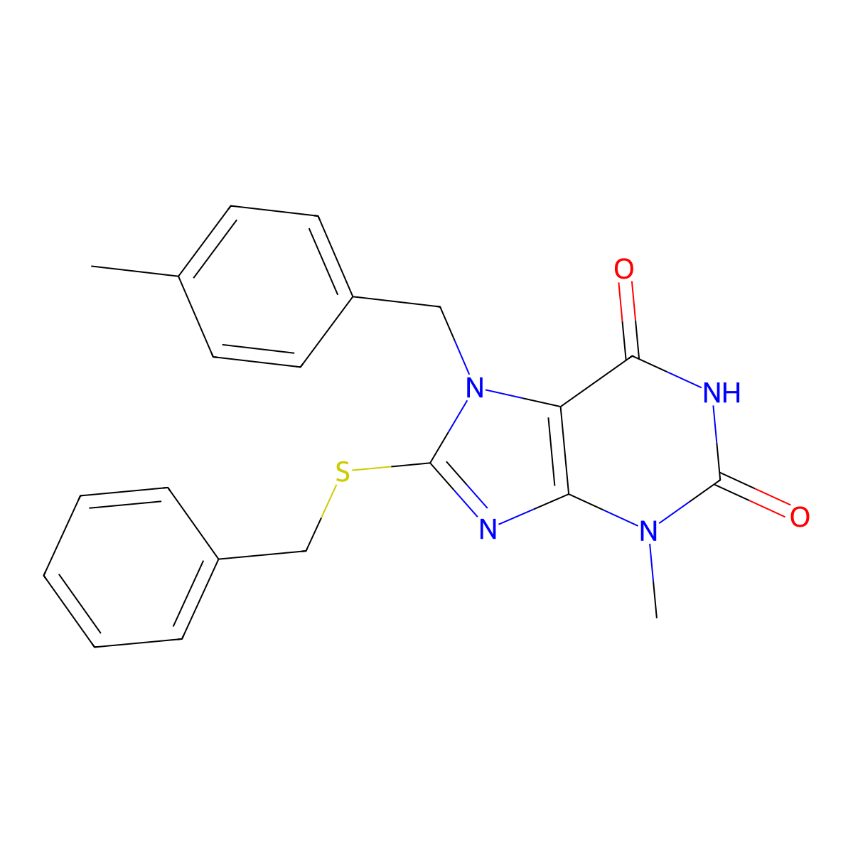 8-(benzylthio)-3-methyl-7-(4-methylbenzyl)-1H-purine-2,6(3H,7H)-dione molecular structure, CAS 332103-31-8