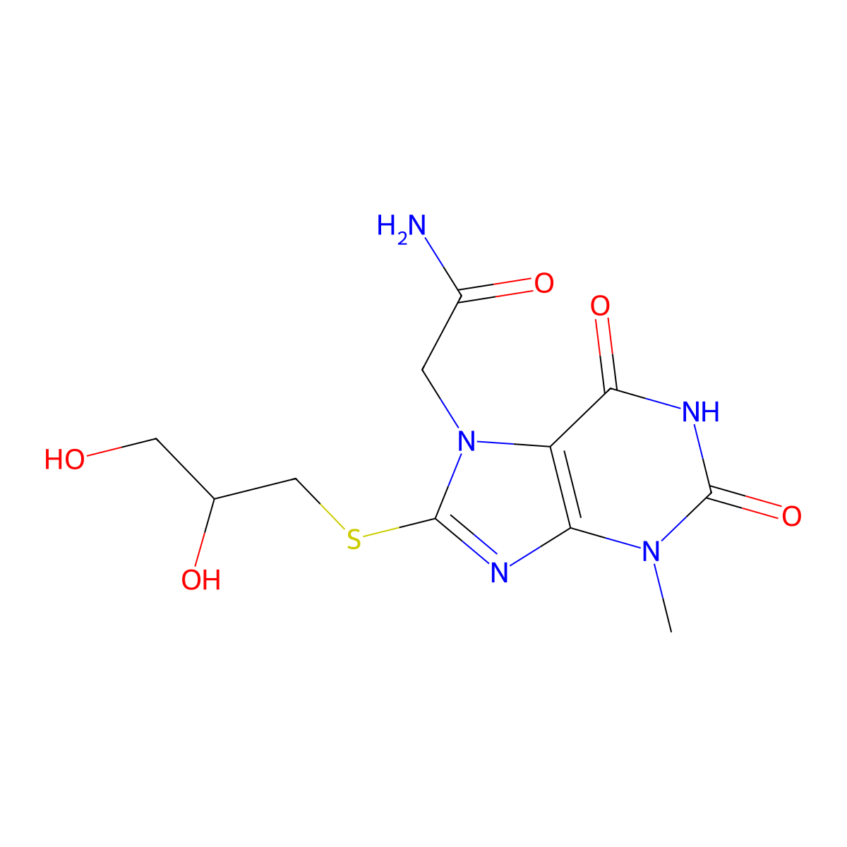2-(8-((2,3-dihydroxypropyl)thio)-3-methyl-2,6-dioxo-2,3-dihydro-1H-purin-7(6H)-yl)acetamide molecular structure, CAS 332103-33-0