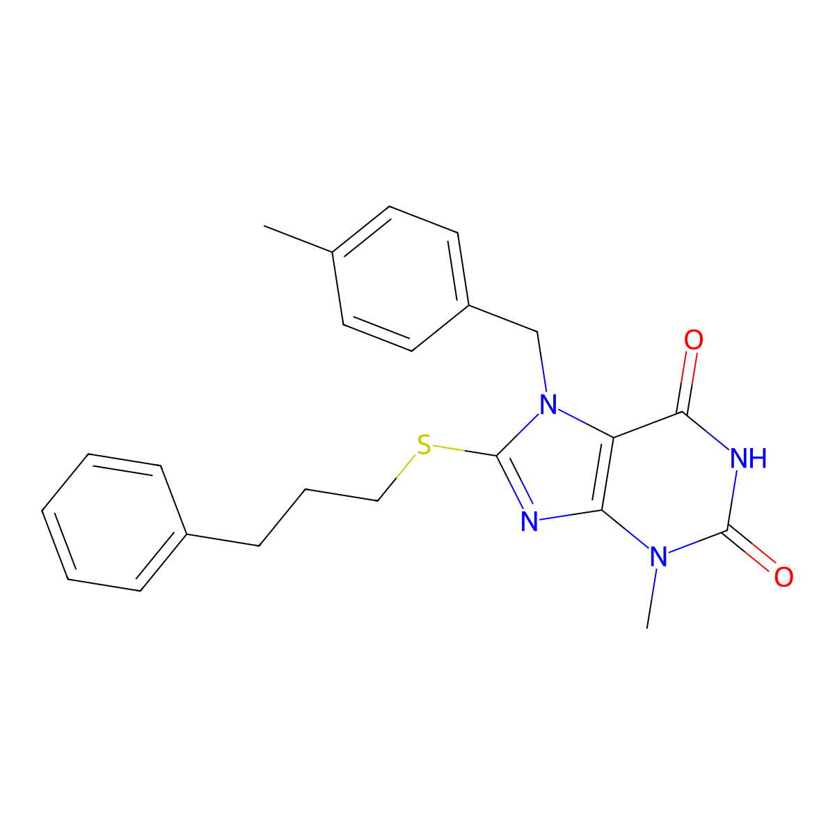 3-methyl-7-(4-methylbenzyl)-8-((3-phenylpropyl)thio)-1H-purine-2,6(3H,7H)-dione molecular structure, CAS 332103-39-6