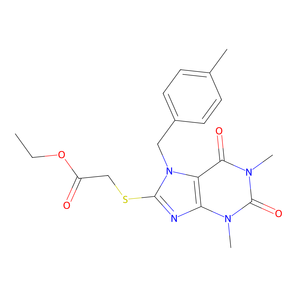 Ethyl 2-[1,3-dimethyl-7-[(4-methylphenyl)methyl]-2,6-dioxopurin-8-yl]sulfanylacetate molecular structure, CAS 332103-44-3
