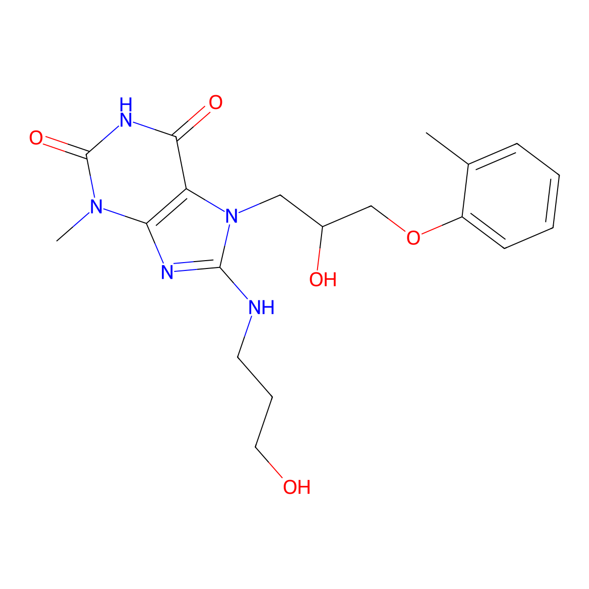 7-(2-hydroxy-3-(o-tolyloxy)propyl)-8-((3-hydroxypropyl)amino)-3-methyl-1H-purine-2,6(3H,7H)-dione molecular structure, CAS 332103-47-6