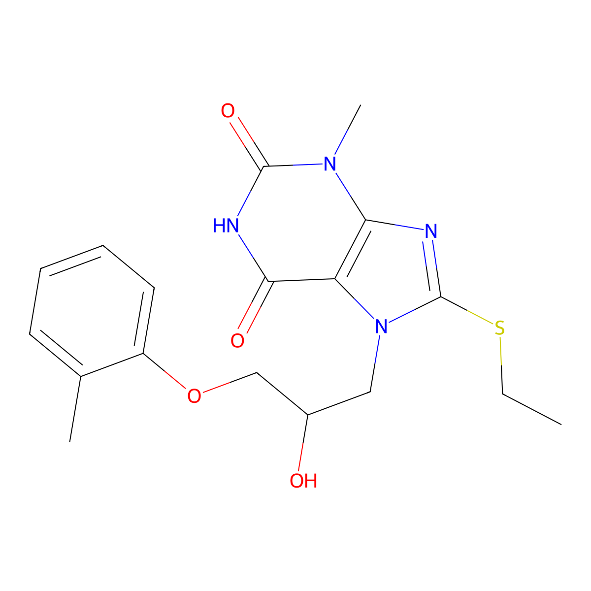 8-Ethylsulfanyl-7-(2-hydroxy-3-o-tolyloxy-propyl)-3-methyl-3,7-dihydro-purine-2,6-dione molecular structure, CAS 332103-50-1