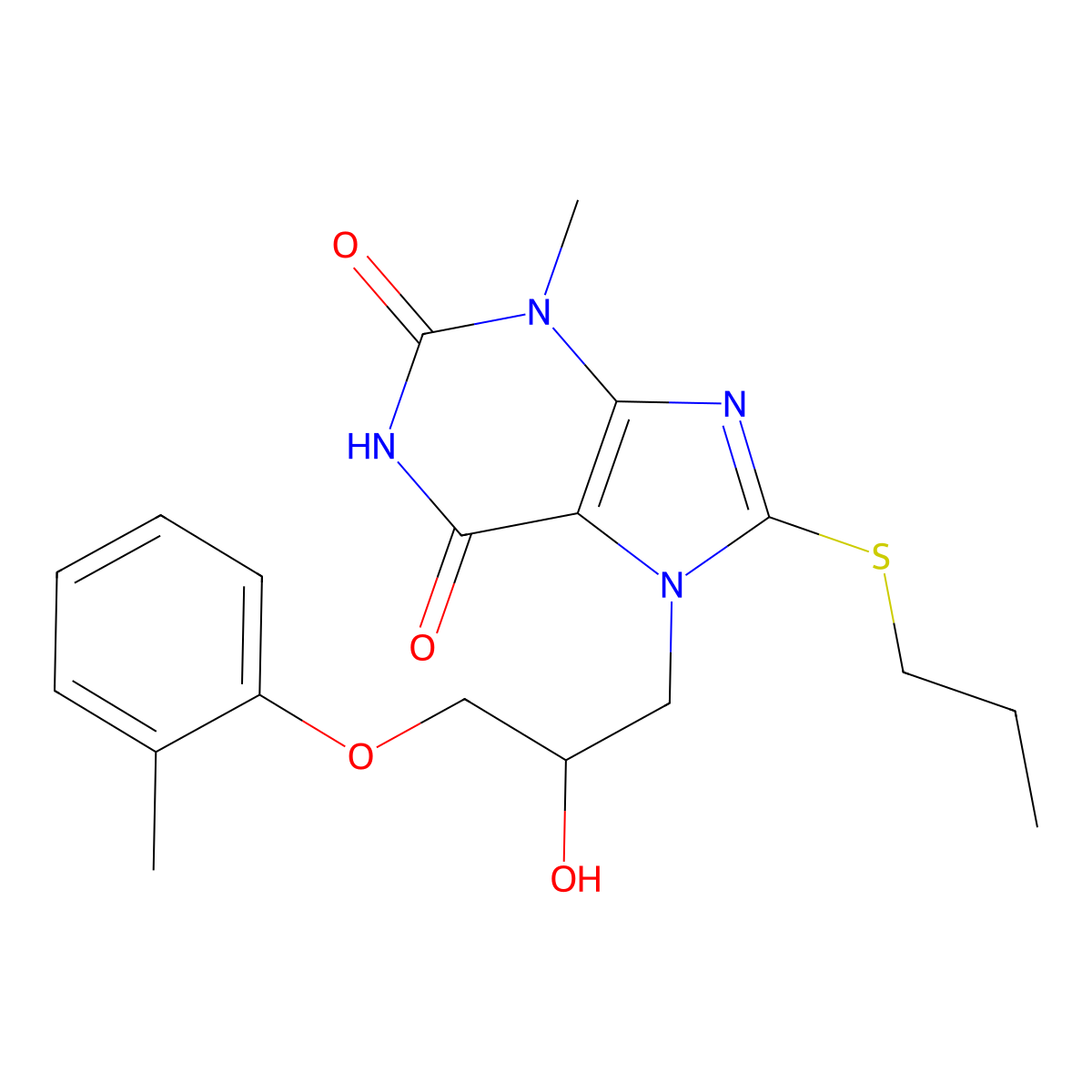 7-(2-hydroxy-3-(o-tolyloxy)propyl)-3-methyl-8-(propylthio)-1H-purine-2,6(3H,7H)-dione molecular structure, CAS 332103-51-2