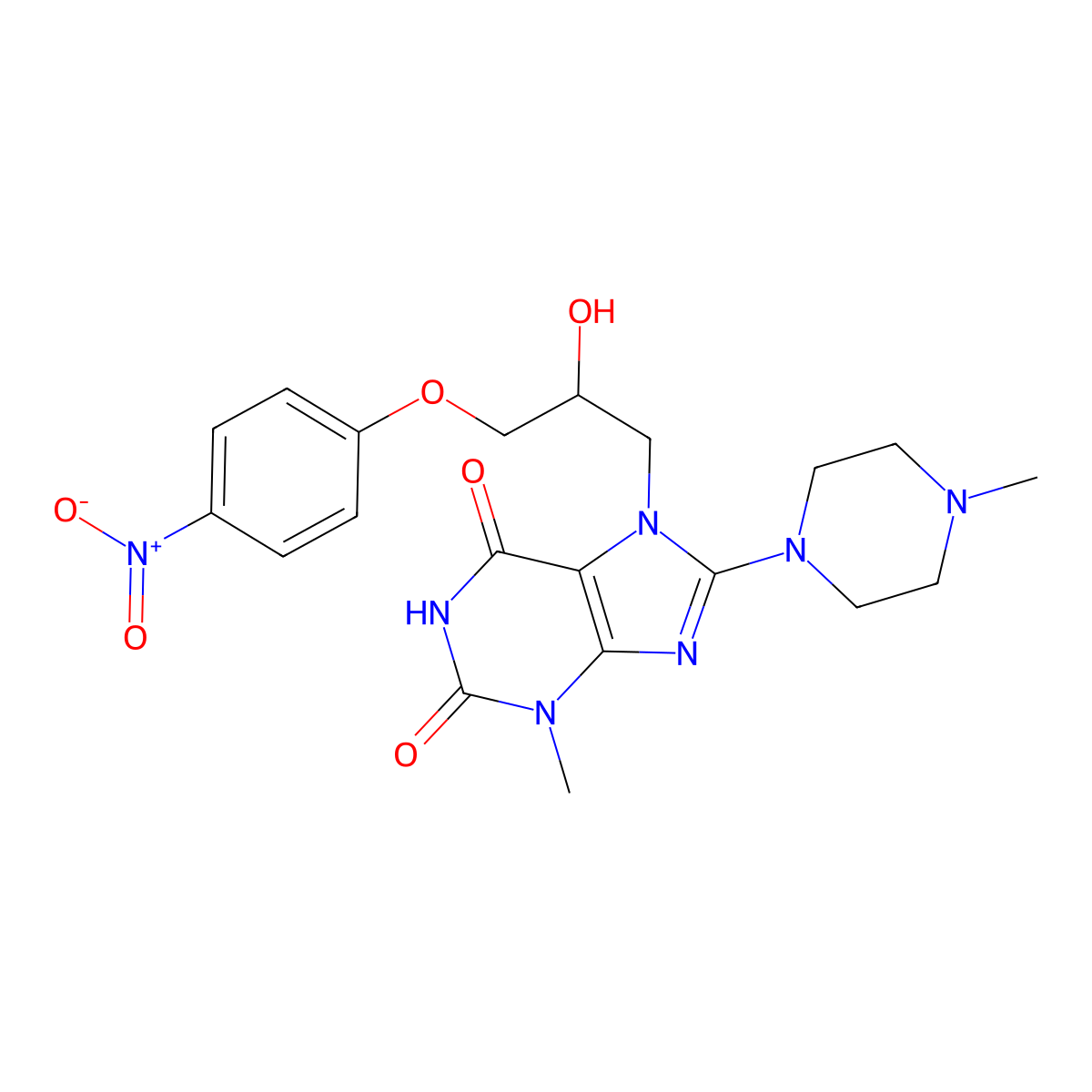 7-(2-hydroxy-3-(4-nitrophenoxy)propyl)-3-methyl-8-(4-methylpiperazin-1-yl)-1H-purine-2,6(3H,7H)-dione molecular structure, CAS 332103-55-6