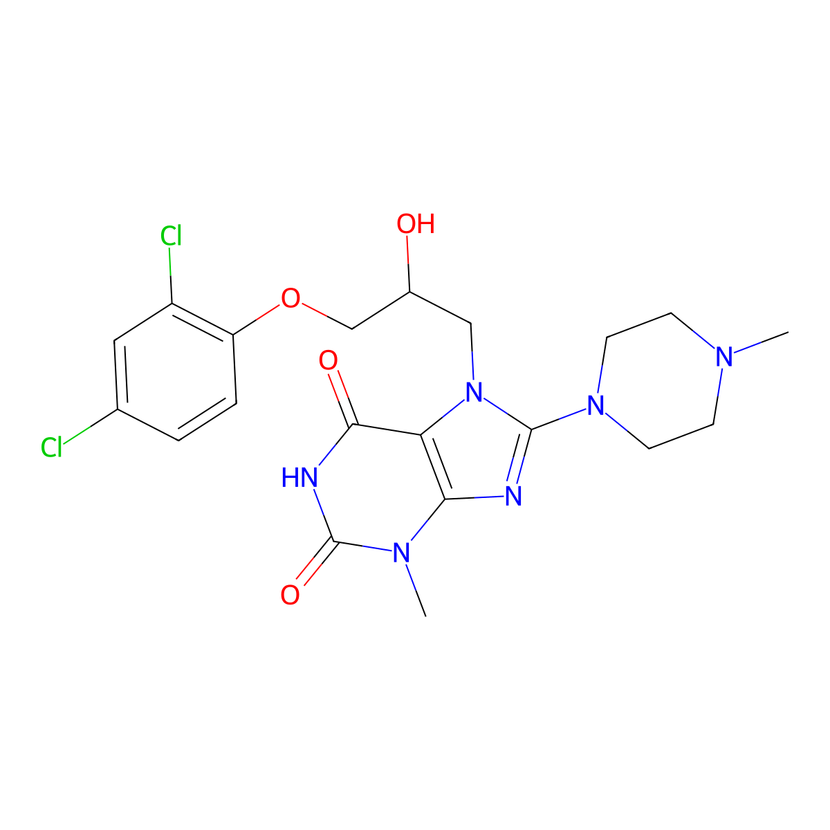 7-(3-(2,4-dichlorophenoxy)-2-hydroxypropyl)-3-methyl-8-(4-methylpiperazin-1-yl)-1H-purine-2,6(3H,7H)-dione molecular structure, CAS 332103-56-7