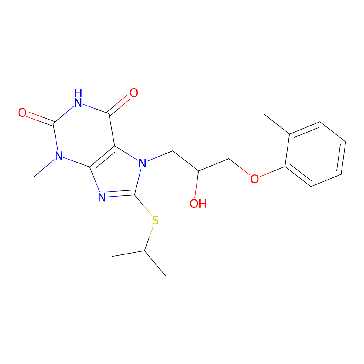 7-[2-Hydroxy-3-(2-methylphenoxy)propyl]-3-methyl-8-(propan-2-ylthio)purine-2,6-dione molecular structure, CAS 332103-68-1