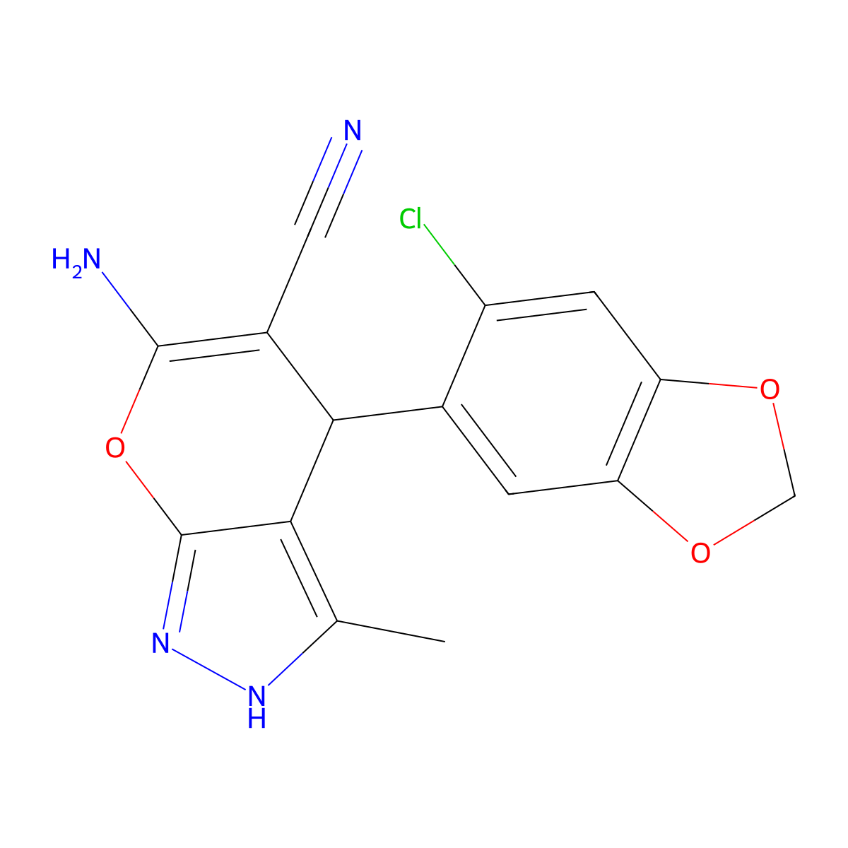 6-Amino-4-(6-chloro-1,3-benzodioxol-5-yl)-3-methyl-1,4-dihydropyrano[2,3-c]pyrazole-5-carbonitrile molecular structure, CAS 332109-78-1