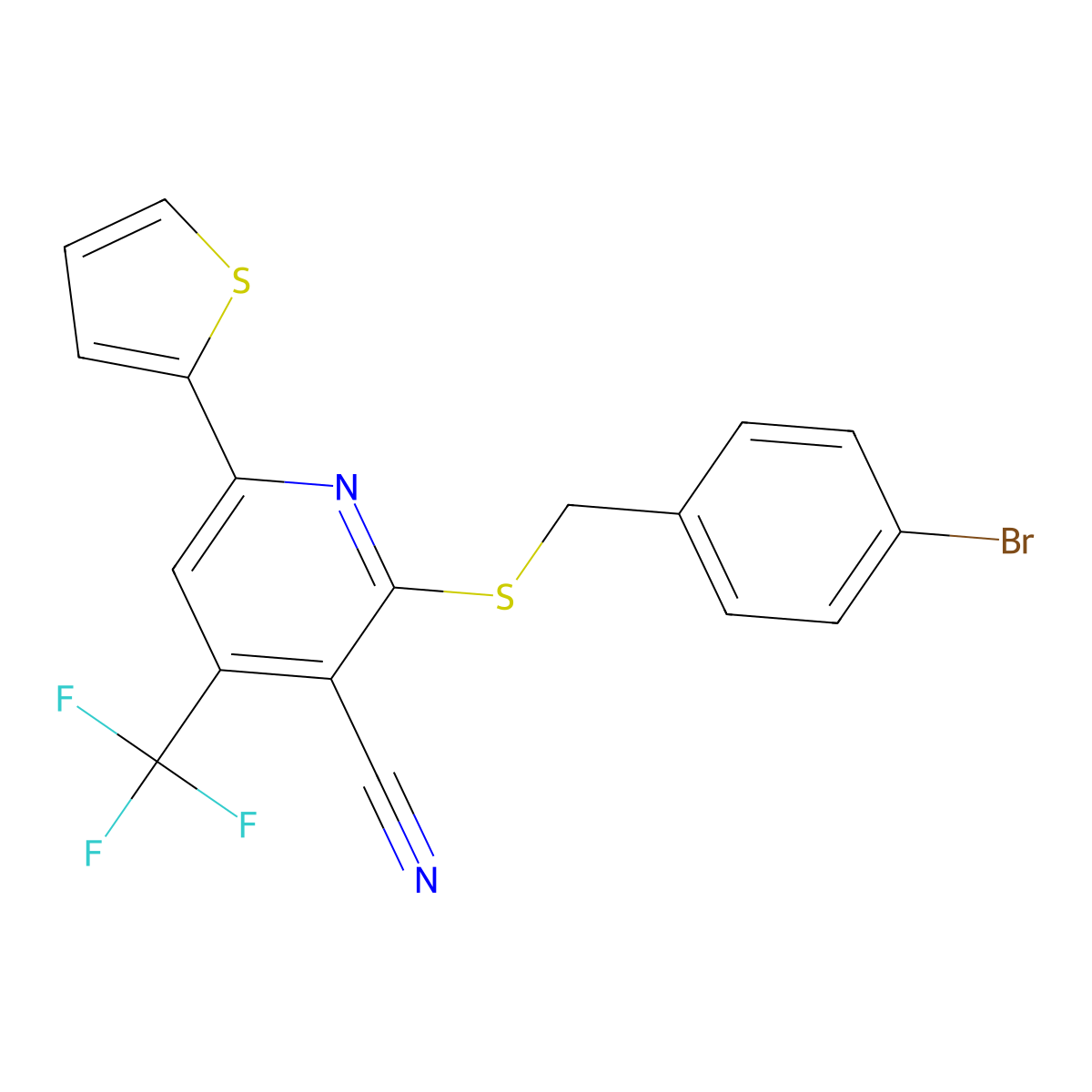 2-((4-Bromobenzyl)thio)-6-(2-thienyl)-4-(trifluoromethyl)nicotinonitrile molecular structure, CAS 332110-04-0