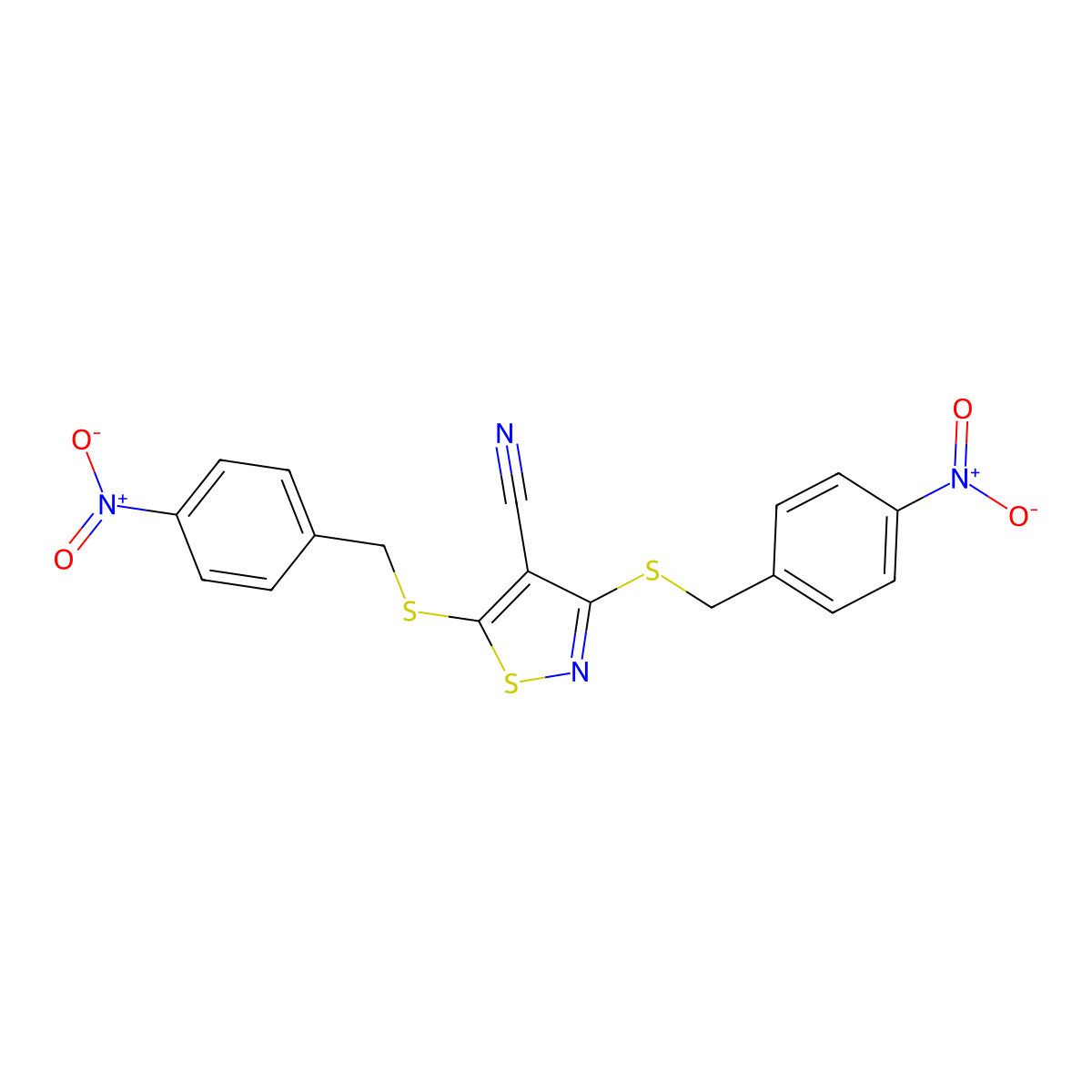 3,5-Bis[[(4-nitrophenyl)methyl]thio]-4-isothiazolecarbonitrile molecular structure, CAS 332110-25-5