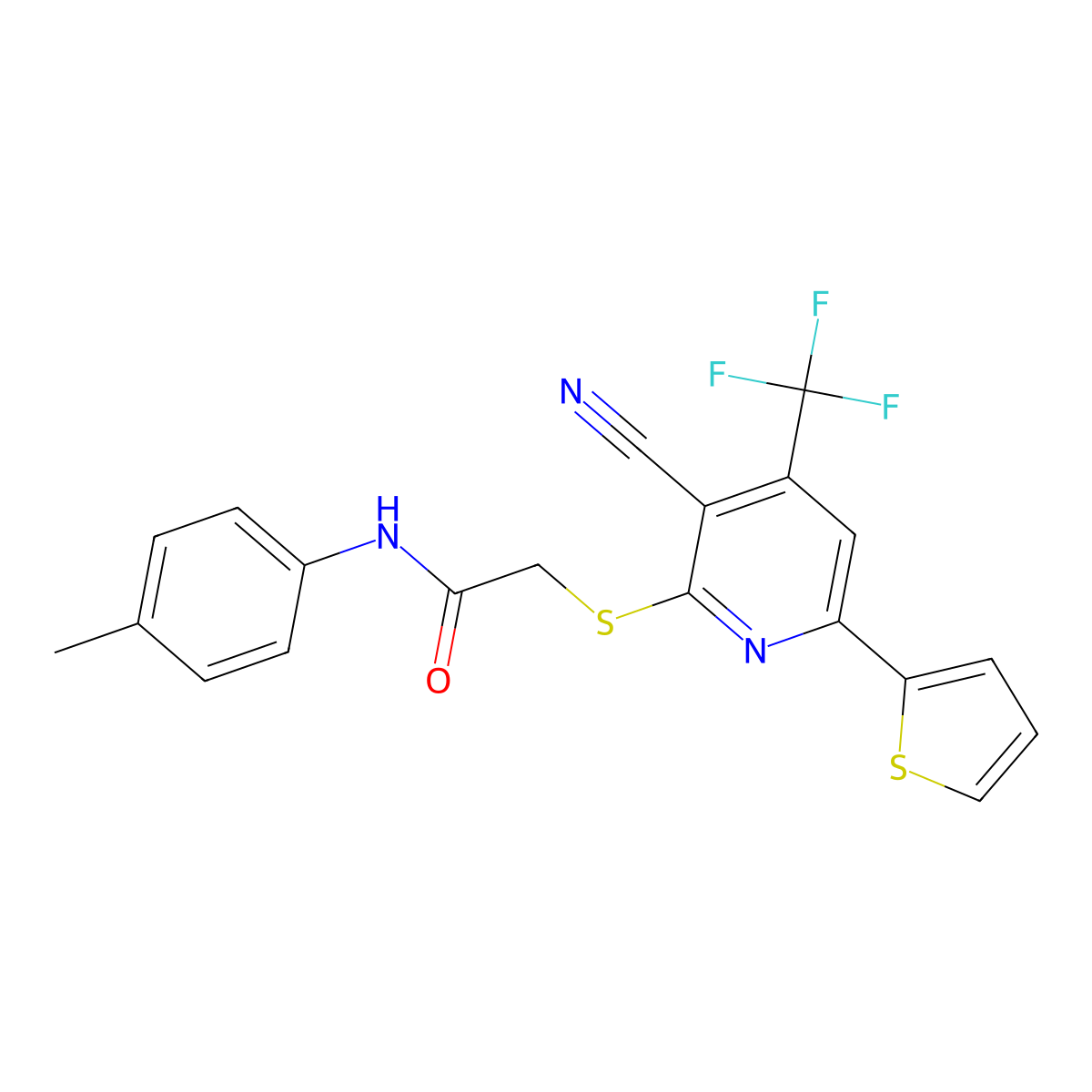 2-((3-Cyano-6-(2-thienyl)-4-(tri-F-ME)-2-pyridinyl)thio)-N-(4-ME-PH)acetamide molecular structure, CAS 332110-37-9