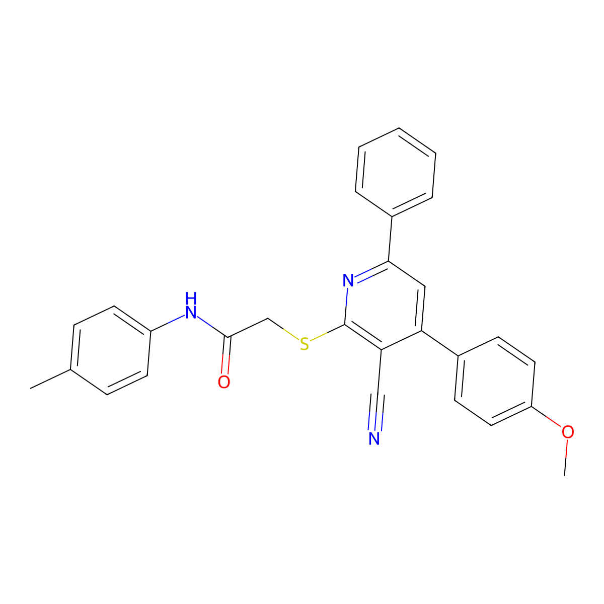 2-[3-cyano-4-(4-methoxyphenyl)-6-phenylpyridin-2-yl]sulfanyl-N-(4-methylphenyl)acetamide molecular structure, CAS 332110-38-0