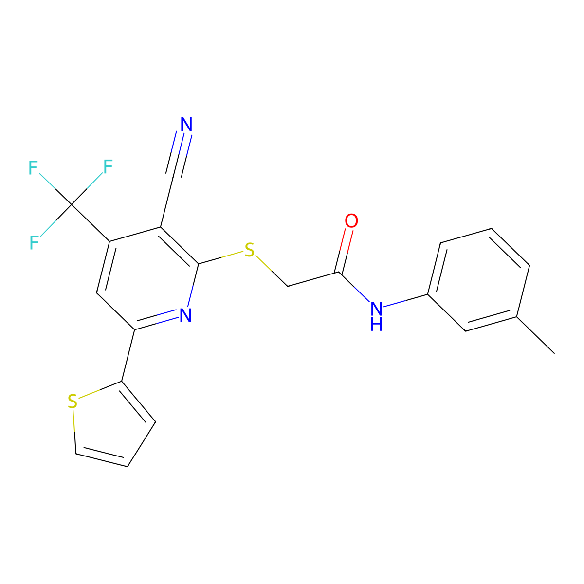 2-((3-Cyano-6-(2-thienyl)-4-(tri-F-ME)-2-pyridinyl)thio)-N-(3-ME-PH)acetamide molecular structure, CAS 332114-11-1