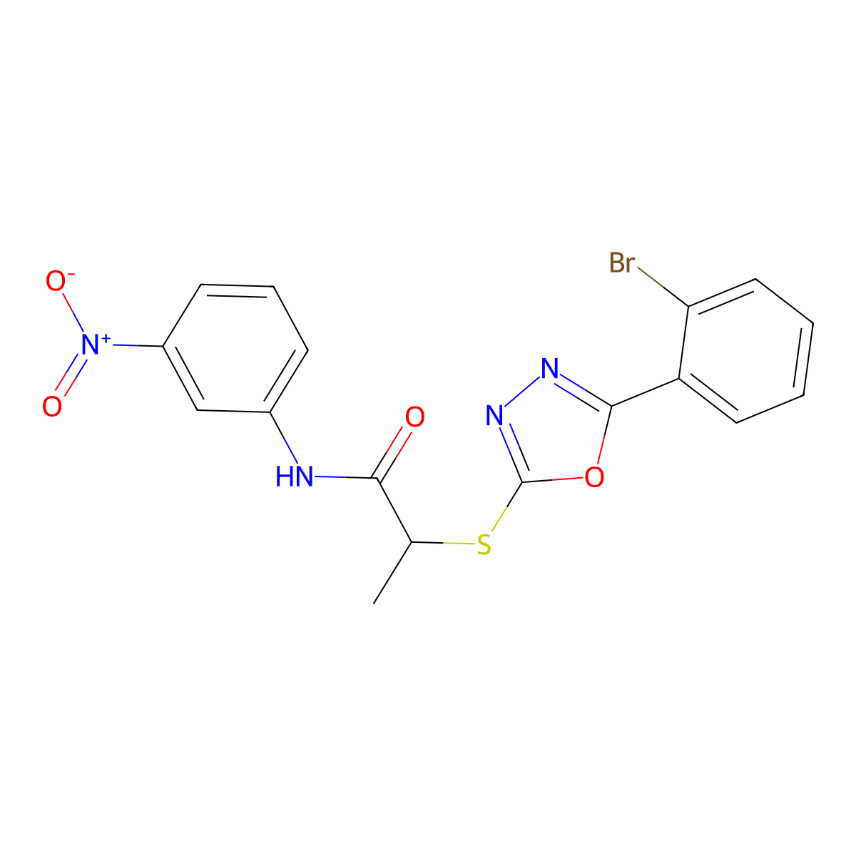 2-((5-(2-Bromophenyl)-1,3,4-oxadiazol-2-yl)thio)-N-(3-nitrophenyl)propanamide molecular structure, CAS 332114-39-3