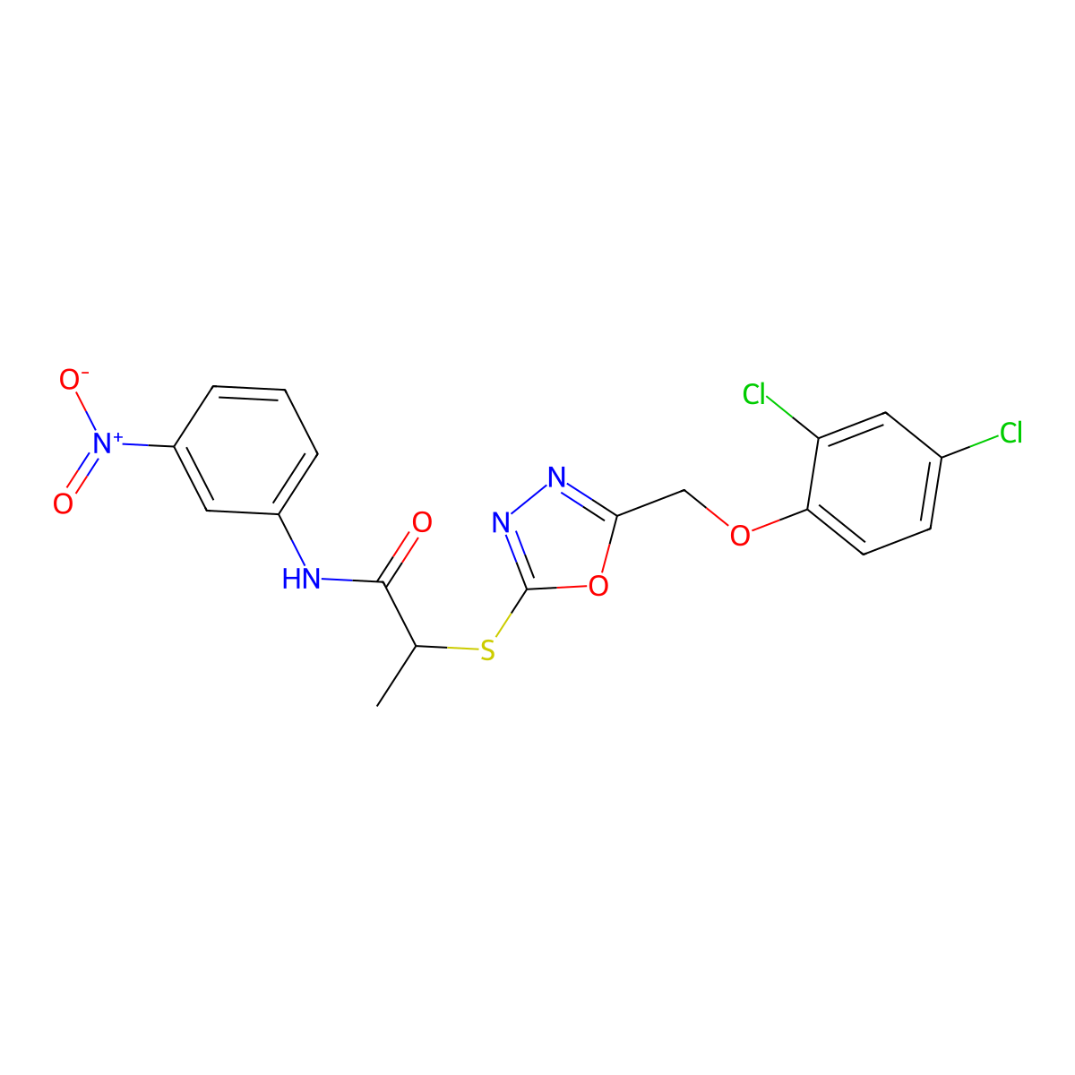 2-((5-((2,4-Dichlorophenoxy)methyl)-1,3,4-oxadiazol-2-yl)thio)-N-(3-nitrophenyl)propanamide molecular structure, CAS 332114-40-6