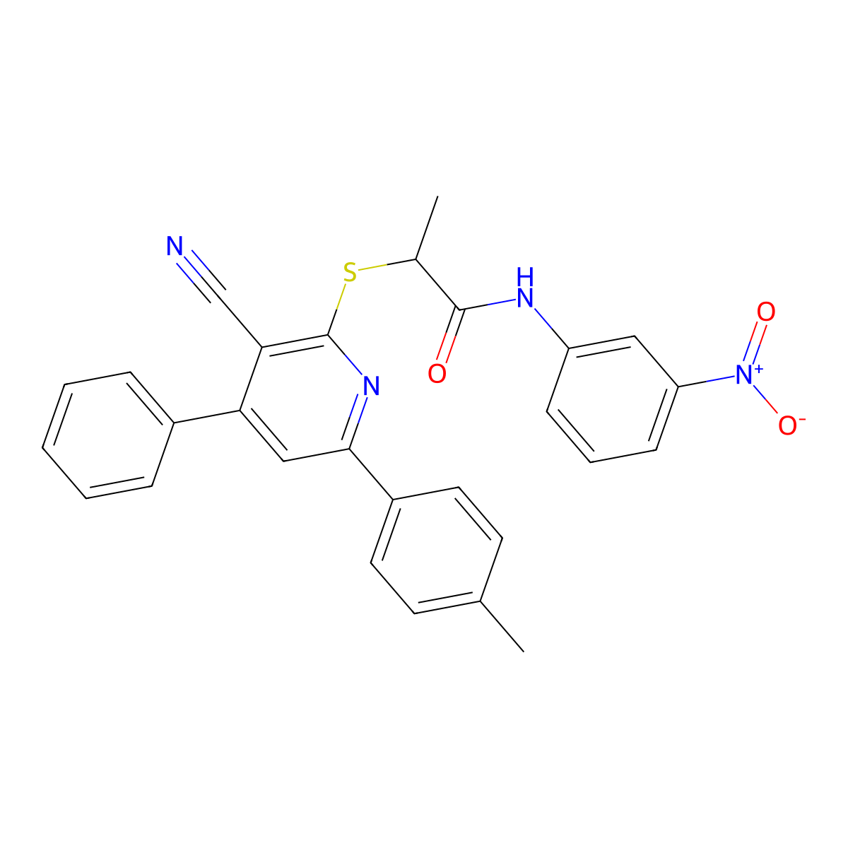 2-((3-Cyano-4-phenyl-6-(p-tolyl)pyridin-2-yl)thio)-N-(3-nitrophenyl)propanamide molecular structure, CAS 332114-43-9