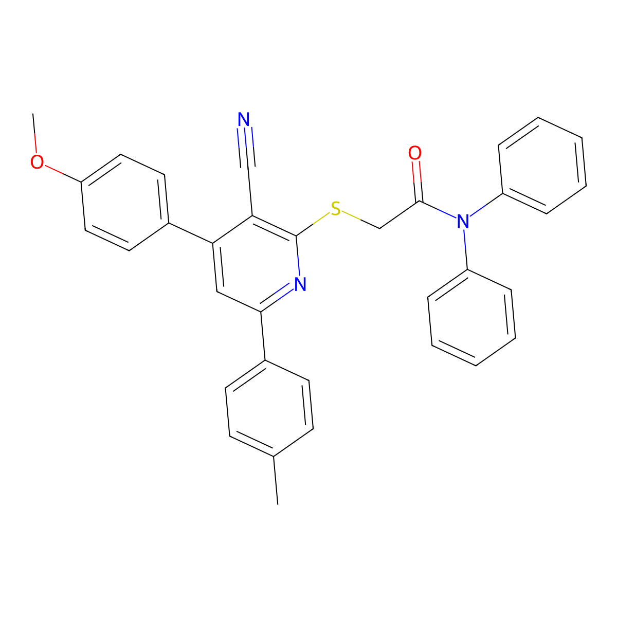2-((3-Cyano-4-(4-methoxyphenyl)-6-(p-tolyl)pyridin-2-yl)thio)-N,N-diphenylacetamide molecular structure, CAS 332114-45-1