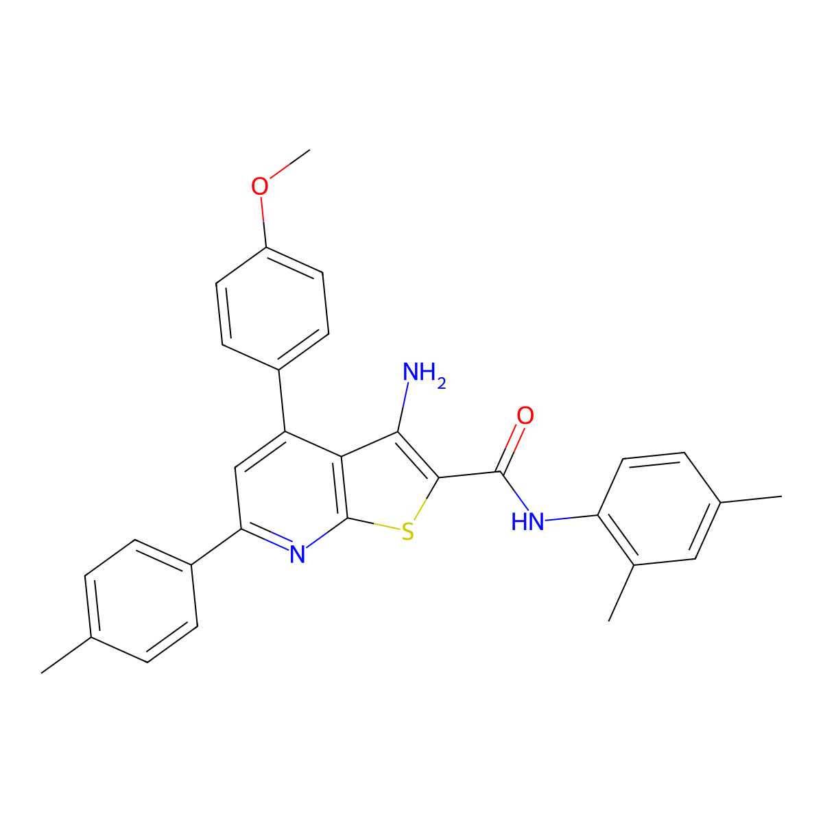 3-Amino-N-(2,4-dimethylphenyl)-4-(4-methoxyphenyl)-6-(p-tolyl)thieno[2,3-b]pyridine-2-carboxamide molecular structure, CAS 332114-55-3