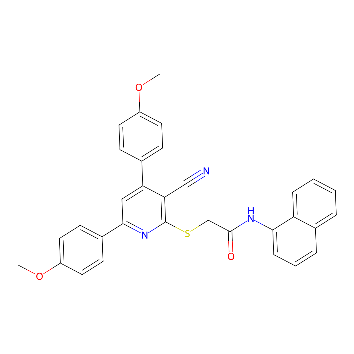 2-((3-Cyano-4,6-bis(4-methoxyphenyl)pyridin-2-yl)thio)-N-(naphthalen-1-yl)acetamide molecular structure, CAS 332114-63-3
