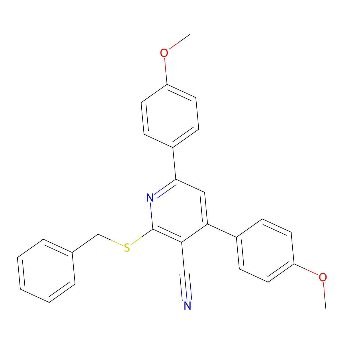2-(Benzylthio)-4,6-bis(4-methoxyphenyl)nicotinonitrile molecular structure, CAS 332114-65-5