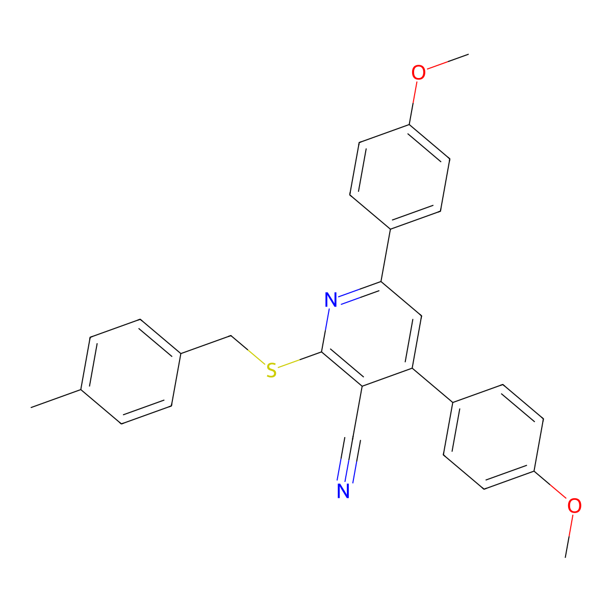 4,6-Bis(4-methoxyphenyl)-2-((4-methylbenzyl)thio)nicotinonitrile molecular structure, CAS 332114-66-6