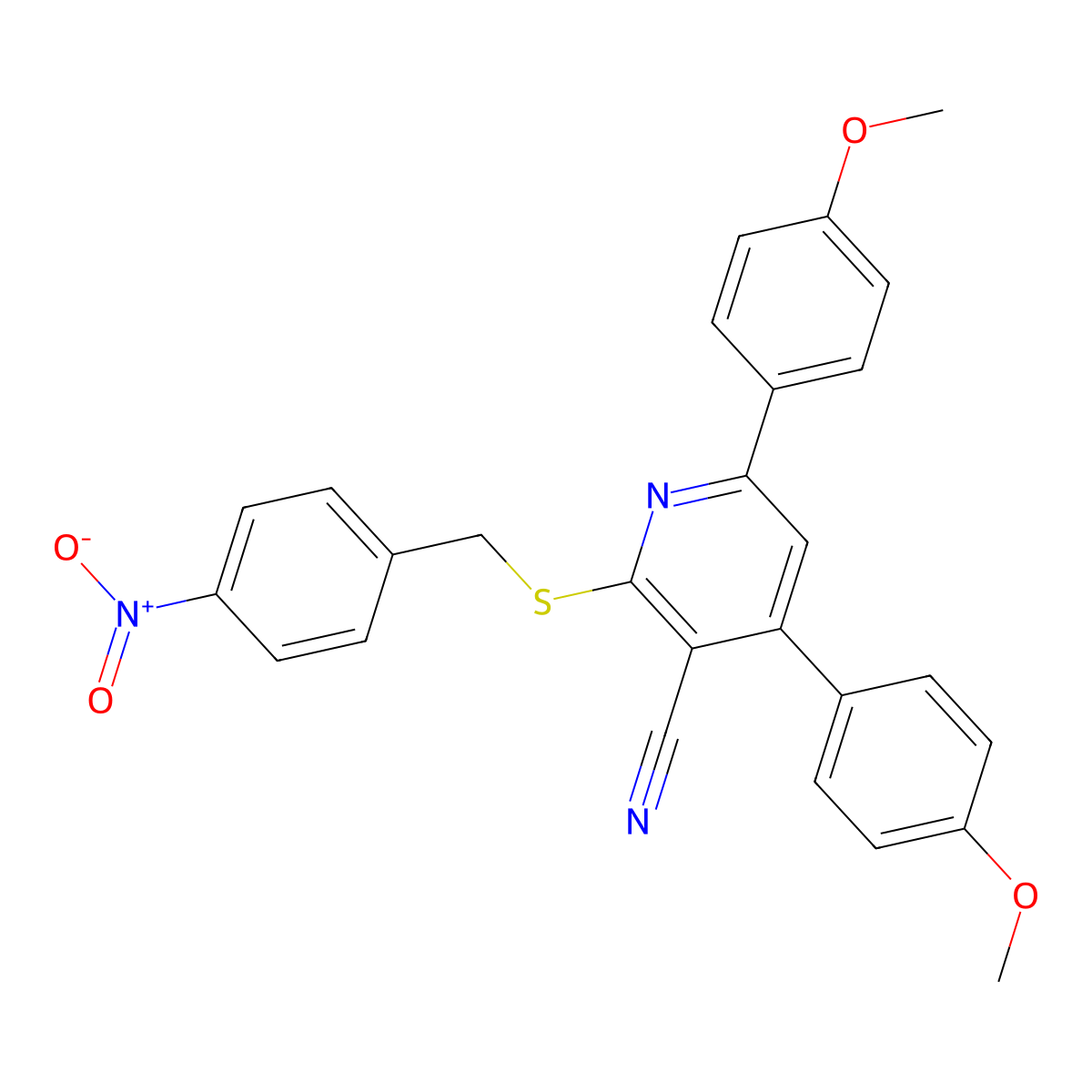 4,6-Bis(4-methoxyphenyl)-2-((4-nitrobenzyl)thio)nicotinonitrile molecular structure, CAS 332114-68-8